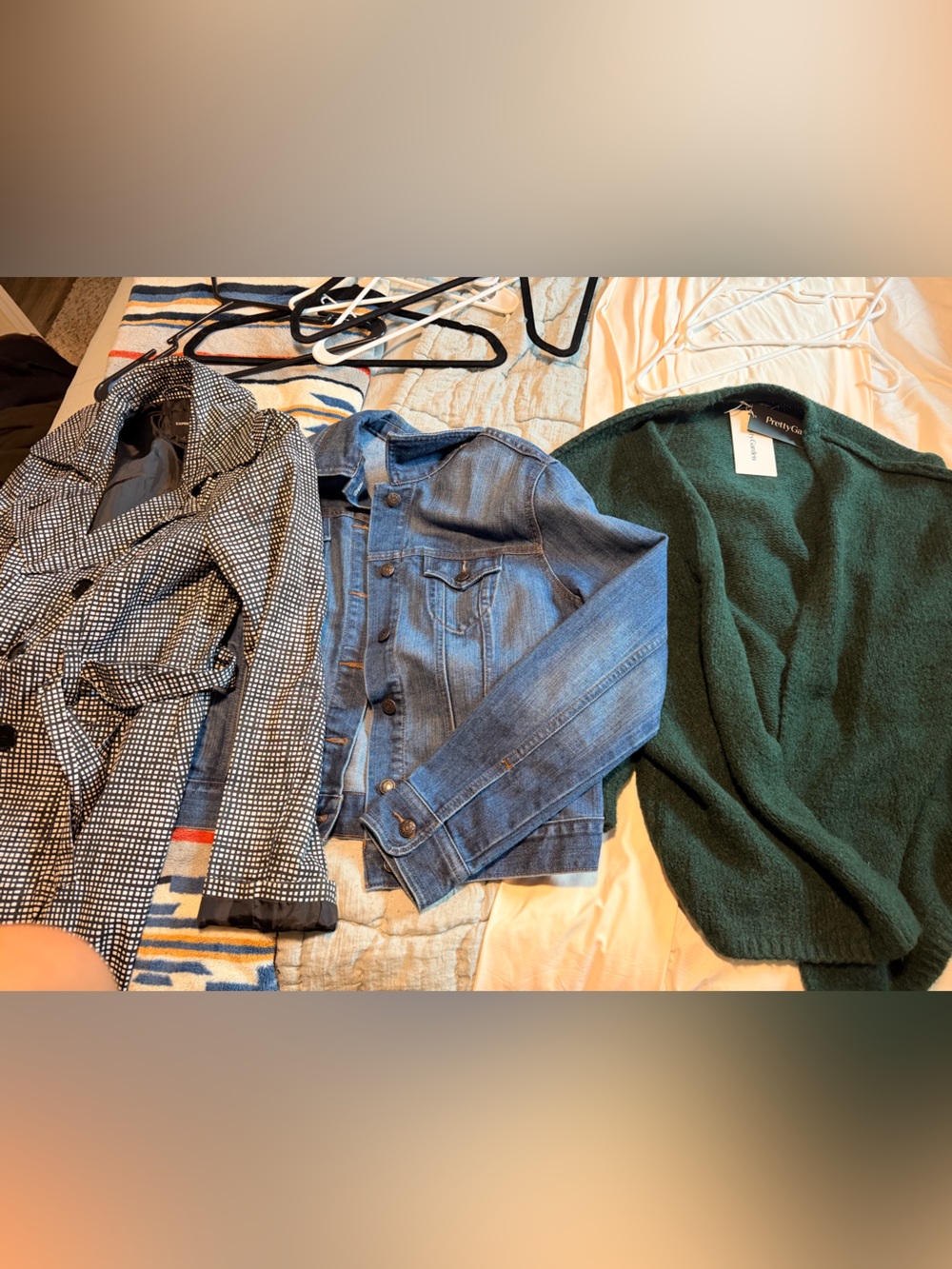 Express trench small. Dark Green Open-Front Cardigan small, denim jacket large